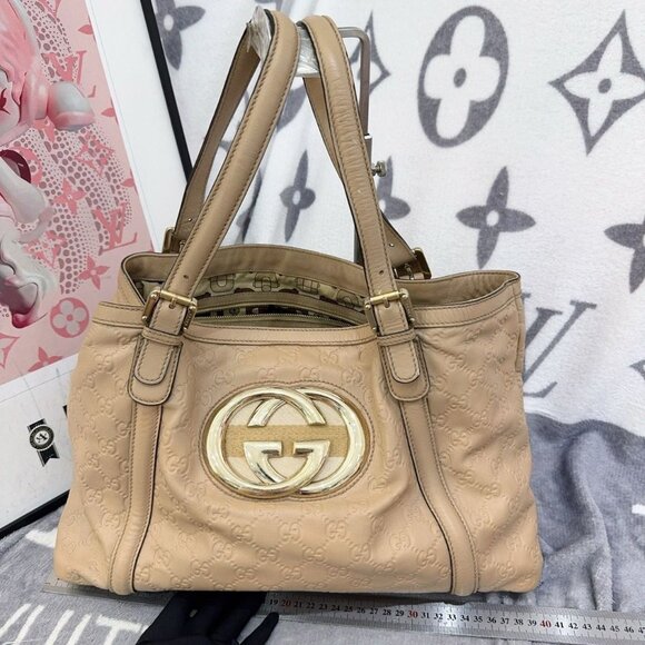 Gucci Beige Leather Medium GG Britt Tote - Picture 1 of 10